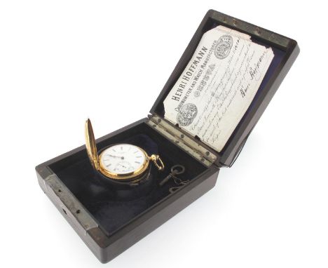 A gold hunting cased pocket watch by Henri Hoffmann, signed white enamel dial with black Roman numerals and subsidiary second