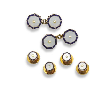A set of mother-of-pearl, seed pearl and enamel cufflinks and studs, the octagonal-shaped mother-of-pearl links are centred w