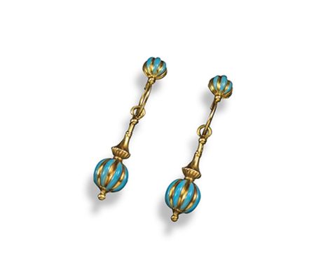 A pair of 19th century French enamel and gold earrings, of fluted melon form with blue enamel stripes. French control marks a