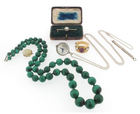 A gold bar brooch, mounted with an untested pearl within a border of rose-cut diamonds, 4cm. Case. A men's gold ring set with
