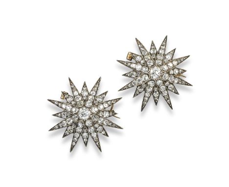 Two matching Victorian diamond star brooches, set with graduated cushion-shaped diamonds in silver and gold. Each brooch 3.5c