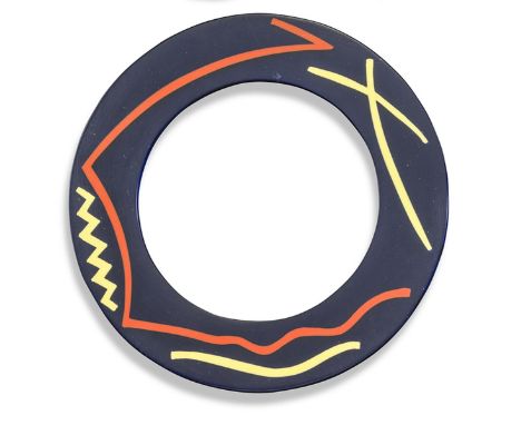 A blue acrylic bangle circa 1980, inlaid with red and yellow geometric patterned design. 6.4cm inner diameter.