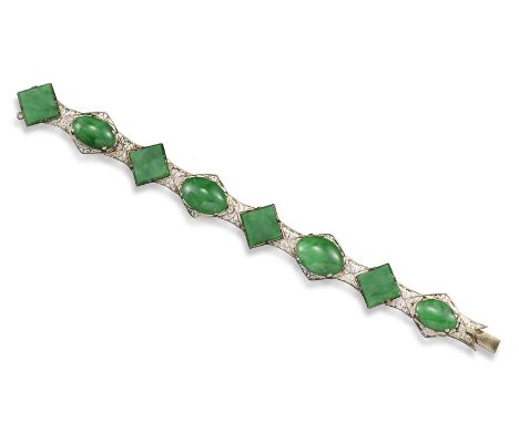 A jade mounted gold bracelet, set with oval and square jade cabochons alternately set in pierced yellow gold. 18cm long.