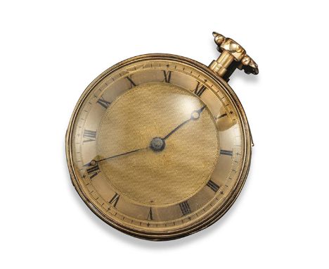 A gold open-faced quarter repeating pocket watch, circa 1820. Engine turned decoration to the reverse and dial and black Roma