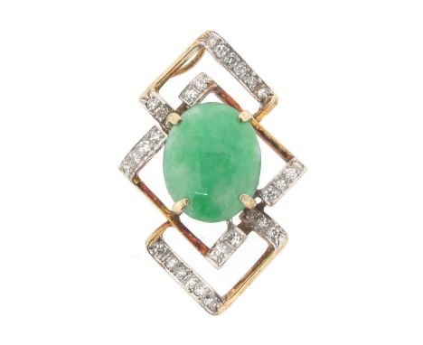 A jade and diamond pendant, designed as three interlocking open squares each set with two opposing lines of circular-cut diam