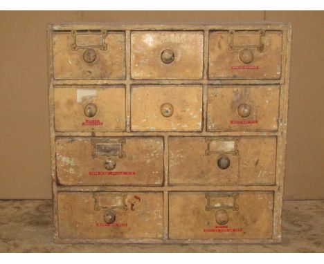 Small Victorian painted pine nest of ten drawers, with turned button knob handles, 59cm W x 24cm D x 56cm H (af barn fresh) 