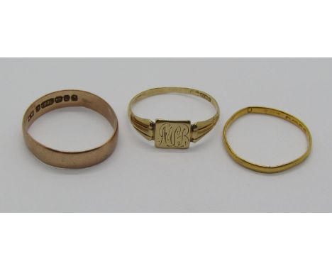 Three gold rings; 22ct wedding ring, 1.2g, 9ct signet ring and 9ct wedding ring (9ct 3.2g total) (3) 