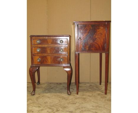 19th century mahogany bedside cupboard / lamp table with flame veneered cupboard door, raised on slender square tapered suppo