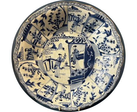 Chinese blue and white porcelain lobed 'Nankin' Dish, Kangxi Period, decorated with 'Lyzen' figures, with Liverpool antiques 