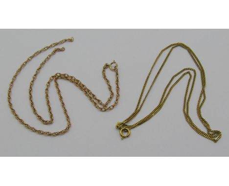 9ct rope twist chain necklace, 3.8g (af) and a further 8ct chain necklace, 3.3g 