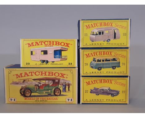 Five vintage boxed model vehicles including from Lesney Matchbox Series: no 27 Cadillac Sedan, no 70 Thames Estate Car, no 23