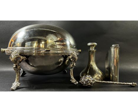 A Victorian silver plated roll top Bain Marie tureen complete with drainer raised on four scrolled supports, a Chris Middleto