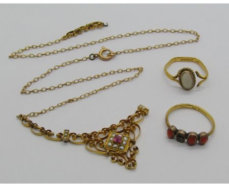 Antique 9ct necklace set with seed pearls and a square cut ruby, 4.8g, together with a 22ct opal ring, 2.1g and a 22ct coral 