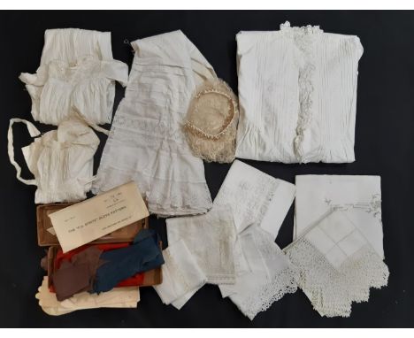 Collection of vintage textiles including an early 20th century ladies night gown with pin tucks and broderie anglais trim, 3 