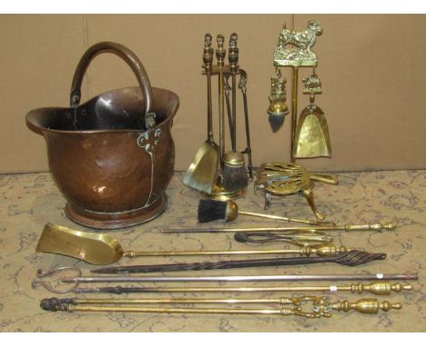 19th century copper coal helmet, together with various 19th century and later fire tools 