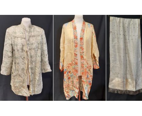 Four Eastern 20th century garments comprising a decorative jacket lined in gold silk, with quilted mandarin collar and quilte