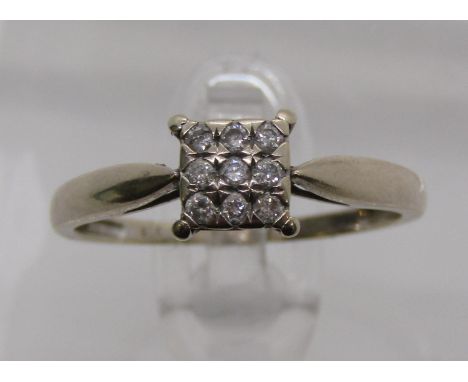 9ct white gold diamond cluster ring of square form, 0.15ct total approx, size O, 1.7g 