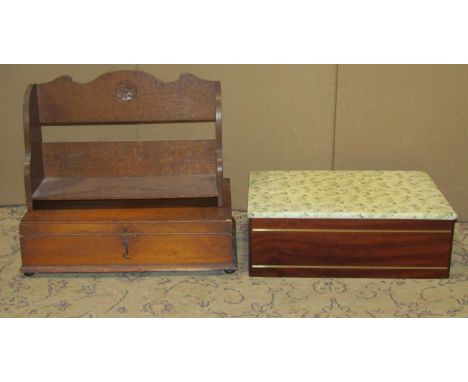 Small oak table top book trough with carved flower head detail, together with a vintage shallow wooden box with hinged lid an