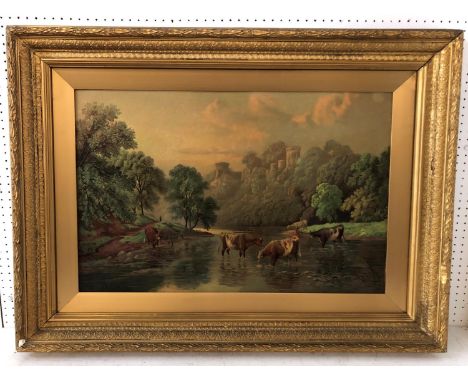After B. Cook - Watering Cows, early 20th century lithograph, 47 x 72 cm, in moulded gilt frame with laurel leaf decoration a