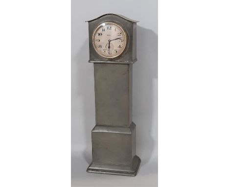 A miniature pewter longcase clock, 33cm tall with eight day time piece, running, together with a marine or bulk head clock in