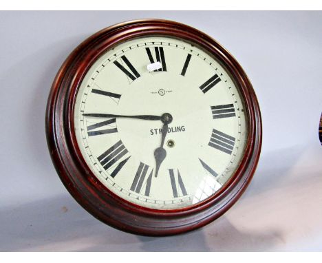 A Stradling circular mahogany wall clock, with key but no pendulum, 39cm diam. 