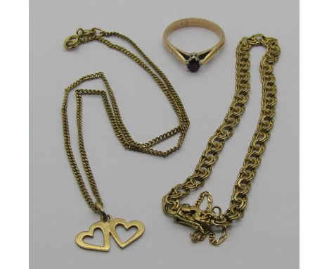 Group of 8ct jewellery; ruby solitaire ring, size P, curb link bracelet and a heart pendant necklace, 12.5g total (3) 
