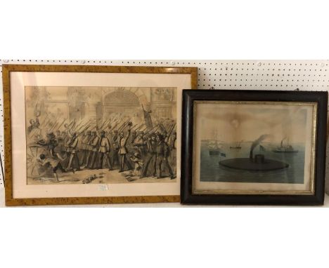 Two 19th Century Prints, US Civil War Related: 'The Monitor' hand-coloured German lithograph print of the USS Monitor, 'Druck