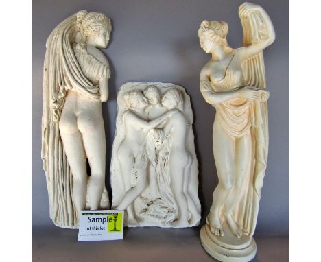 A miscellaneous selection of items including a plaster relief of the Three Graces, a Mamod steam roller, a straw boater, pigg