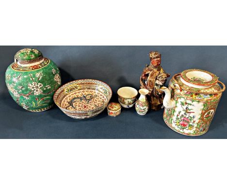 Collection of Chinese porcelain items: including a green ground prunus jar with cover, canton famille rose teapot gilt-lacque