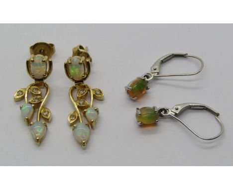 Pair of 14ct opal and diamond drop earrings of trailing design, 3.8g (associated butterflies), plus a further pair of 9ct whi