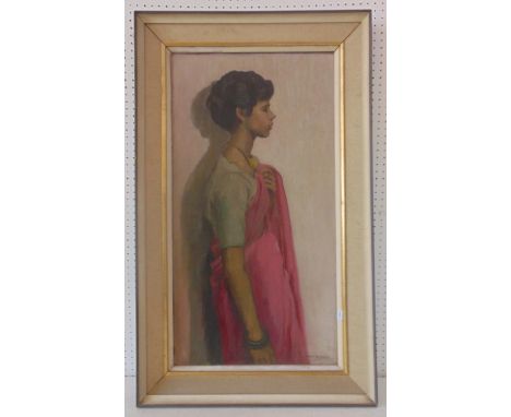 Ursula Bradley (20th Century) - Three-Quarter Profile Portrait of a Standing Woman, oil on board, signed lower right, 82 x 43