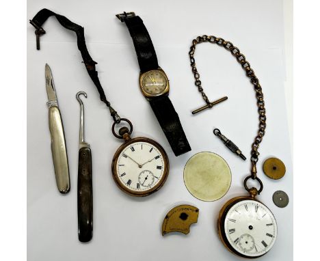 Vintage 9ct gold gent's wristwatch, gold plated watch case and chain, further plated watch, silver cased fruit knife, etc 