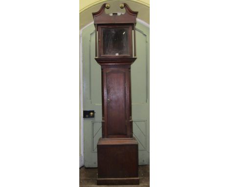 A Georgian oak longcase clock case the door cross banded in walnut, the hood with swan neck pediment 