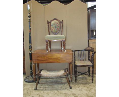 A Victorian mahogany Pembroke table with frieze drawer, a small Victorian (child's size) drawing room chair, an inlaid Edward