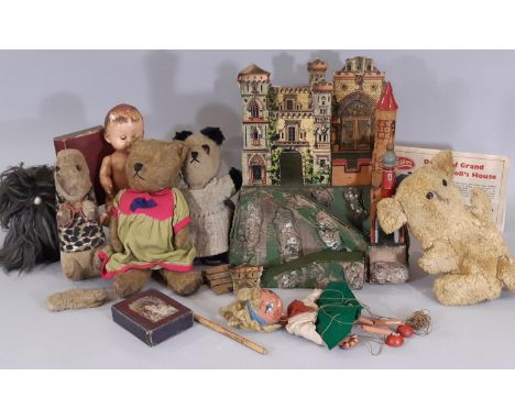 Mixed lot of vintage toys including a firmly stuffed teddy bear with jointed body, stitched nose and mouth, wrexine paw pads,