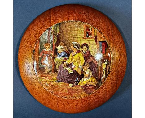 A collection of ceramic pot lids presented as wall plaques with wooden surrounds depicting various scenes and places of inter