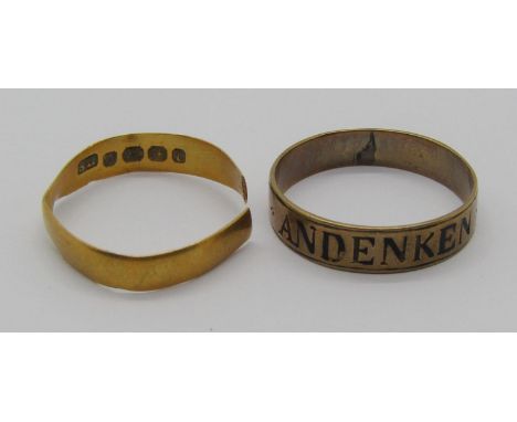 Antique yellow metal enamelled ‘Andenken’ (souvenir) ring, 1.6g and a 22ct wedding ring, 1.6g (cut) (2) 