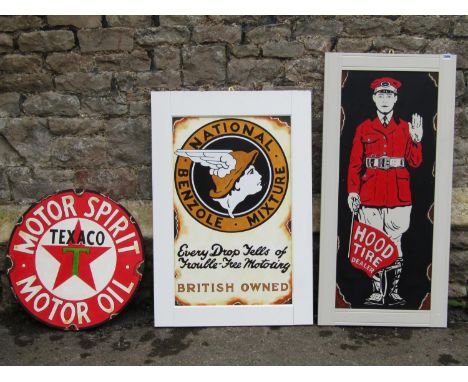 Automobilia Interest - Three vintage style hand painted on white board signs advertising Hood Tire Dealer, Texaco Motor Oil a