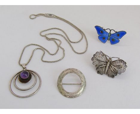 Group of silver jewellery comprising a Scandinavian cabochon amethyst pendant by Niels Erik From, on associated chain necklac