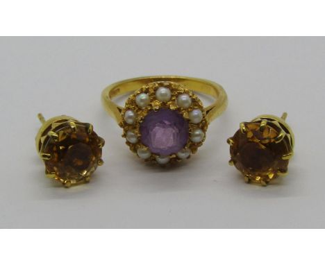 9ct amethyst and seed pearl cluster ring, size N and a pair of 9ct citrine stud earrings, 6.8g total 