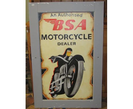 A vintage style hand painted on white board rectangular sign advertising Authorised BSA Motorcycle Dealer, 77cm wide x 116cm 
