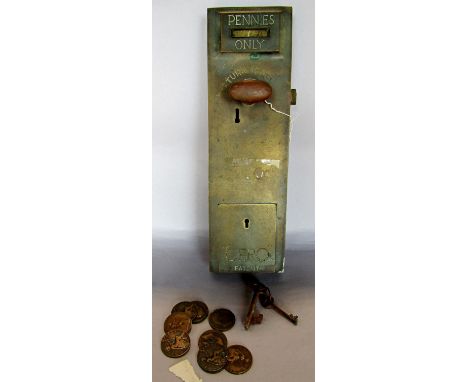 A Cero Patent Public Toilet “Pennies Only” Lock, complete with master key and money box key, together with a selection of old