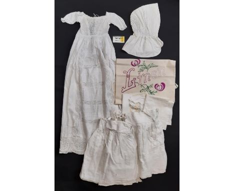 Box of vintage white linen including a late 19th/ early 20th century ladies sun bonnet  with corded and pleated detail, a lon