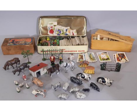 Mixed collection of vintage toys to include Britains lead painted farm animals and farm accessories (AF) chess pieces, domino