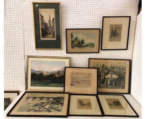 NINE FRAMED WORKS: R. Davies - Coastal Scene, drypoint etching, signed in pencil lower right; G. Malloue - Street Scene, sign