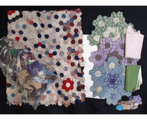 Assorted patchwork projects including a vintage hand stitched patchwork panel of hexagons 175x220cm unlined and with unfinish