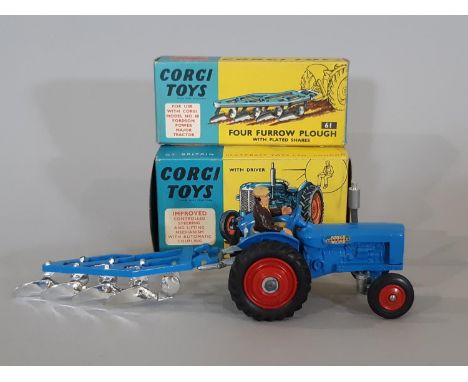 A boxed Corgi Toys No.60 Fordson 'Power Major' tractor (with driver) (circa 1966) and a boxed Corgi Toys No.61 Four Furrow Pl