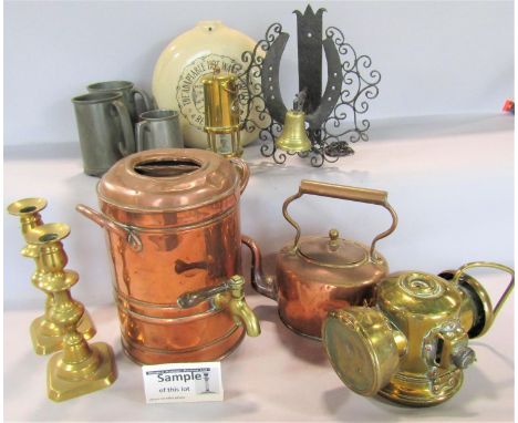 A mixed selection of 19th century brass, copper and pewter ware, including tankards , miner’s lamps, kettles, coach lamp, and