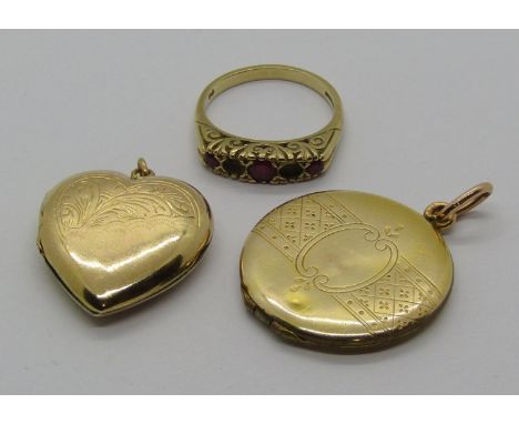 9ct ruby ring, 3.4g (two stones vacant), a heart shaped 9ct back &amp; front locket and a further circular yellow metal locke