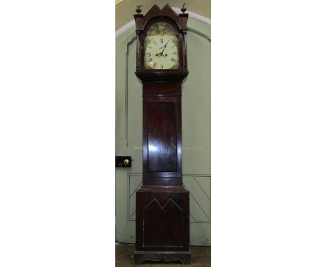 19th century mahogany longcase clock with broken arch painted dial, to the arch painting of a young girl feeding chickens, th